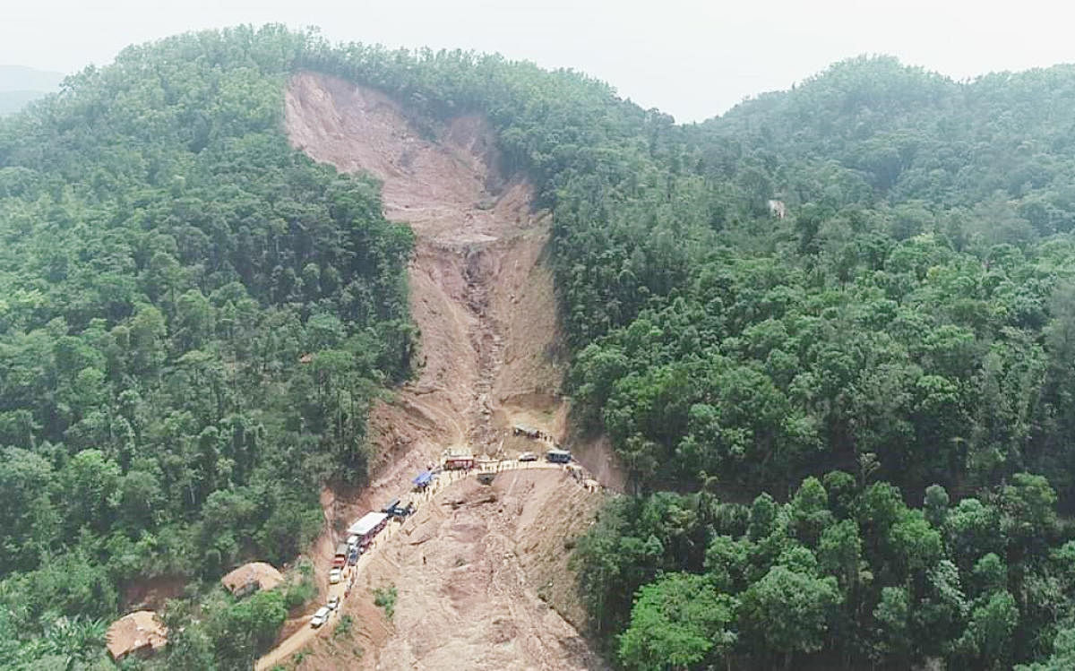 The current status of the place of landslide in Hebbattageri on Madikeri taluk is depicted in a image captured through a drone on Wednesday.