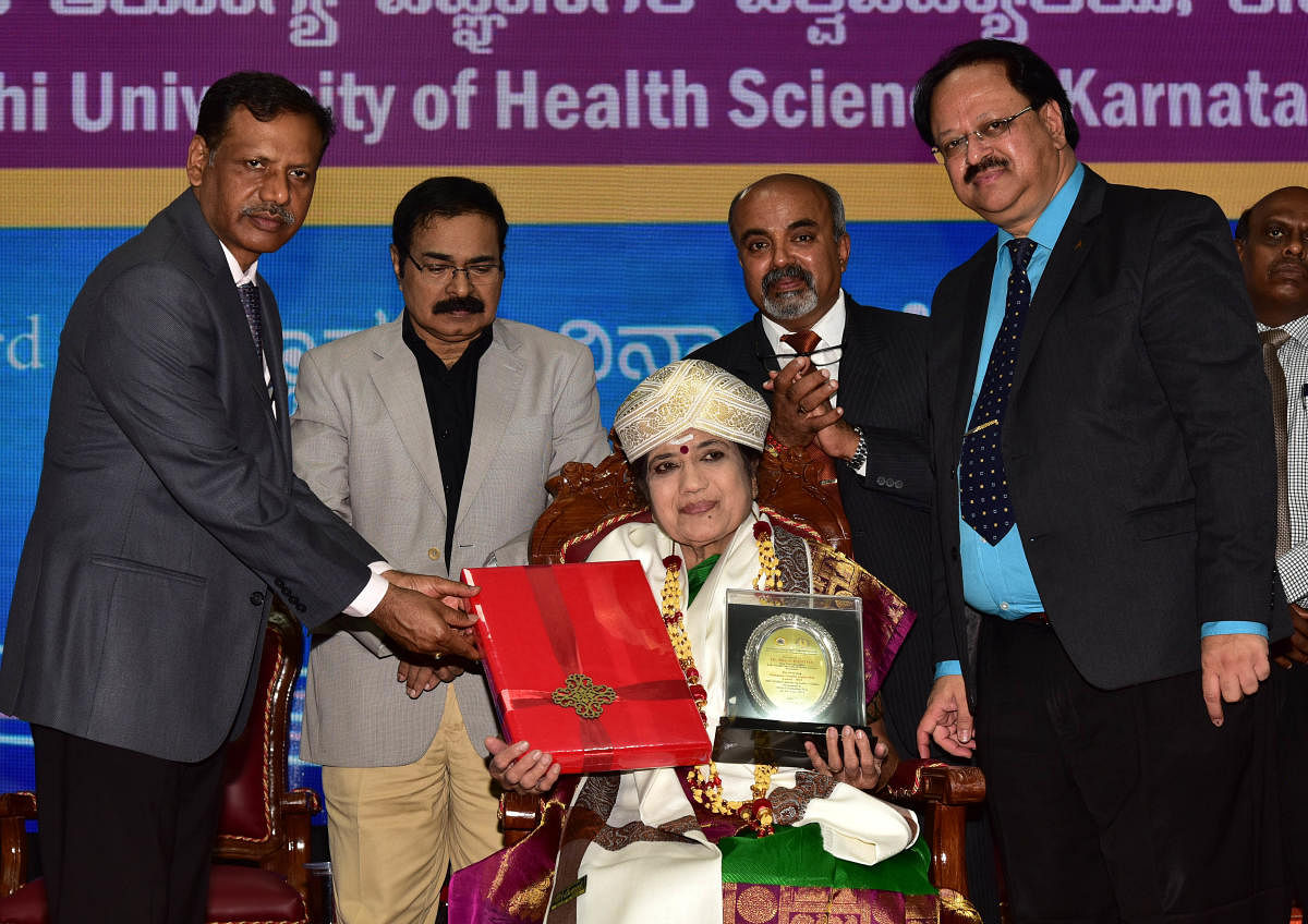 Dr S S Kantha, the first vice-chancellor of Rajiv Gandhi University of Health Sciences, was felicitated at the Foundation Day programme of the university in Bengaluru on Saturday. Vice-chancellor Shivanand Kapashi, Kerala University of Health Sciences VC