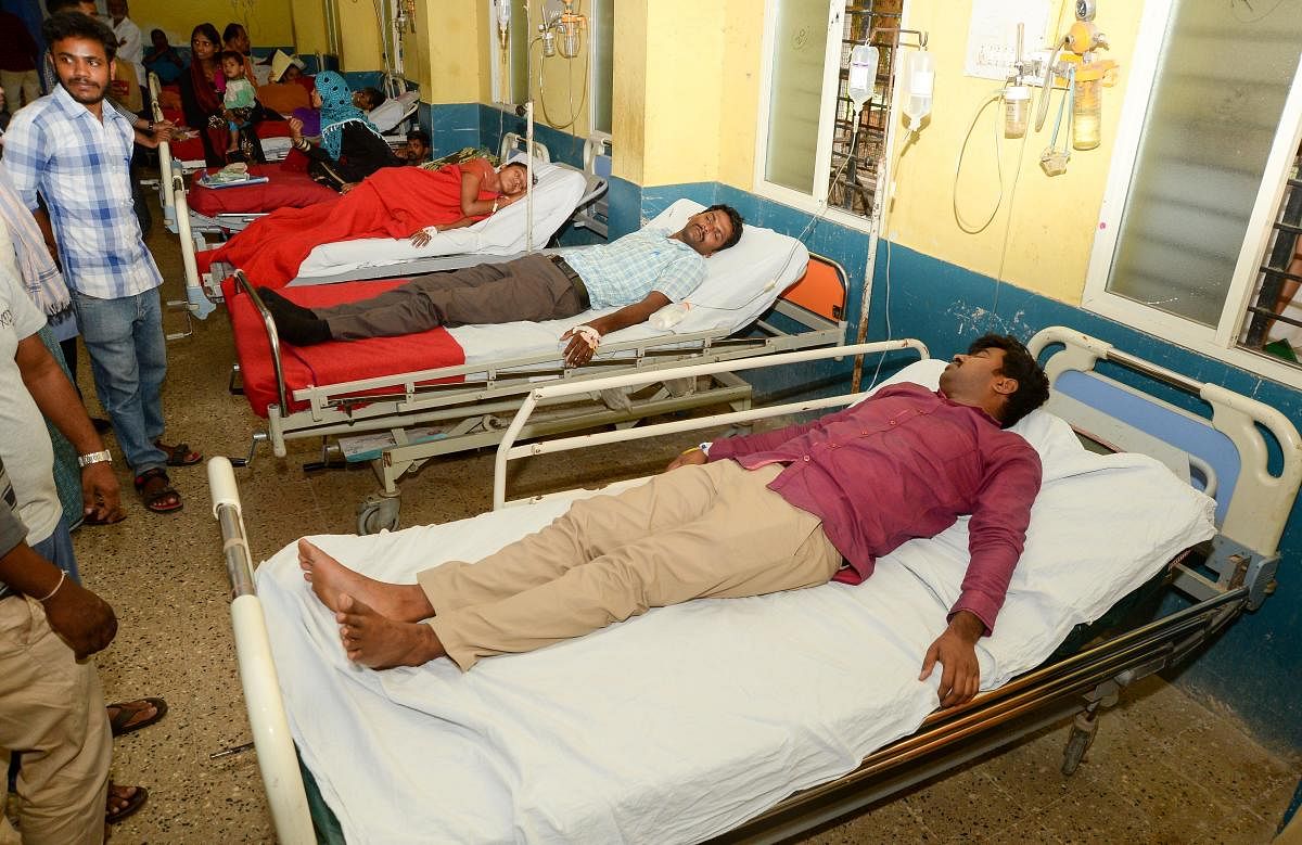 Five contract employees of the district hospital, who attempted suicide by consuming poison, are being treated at CJ Hospital in Davangere on Saturday. DH PHOTO