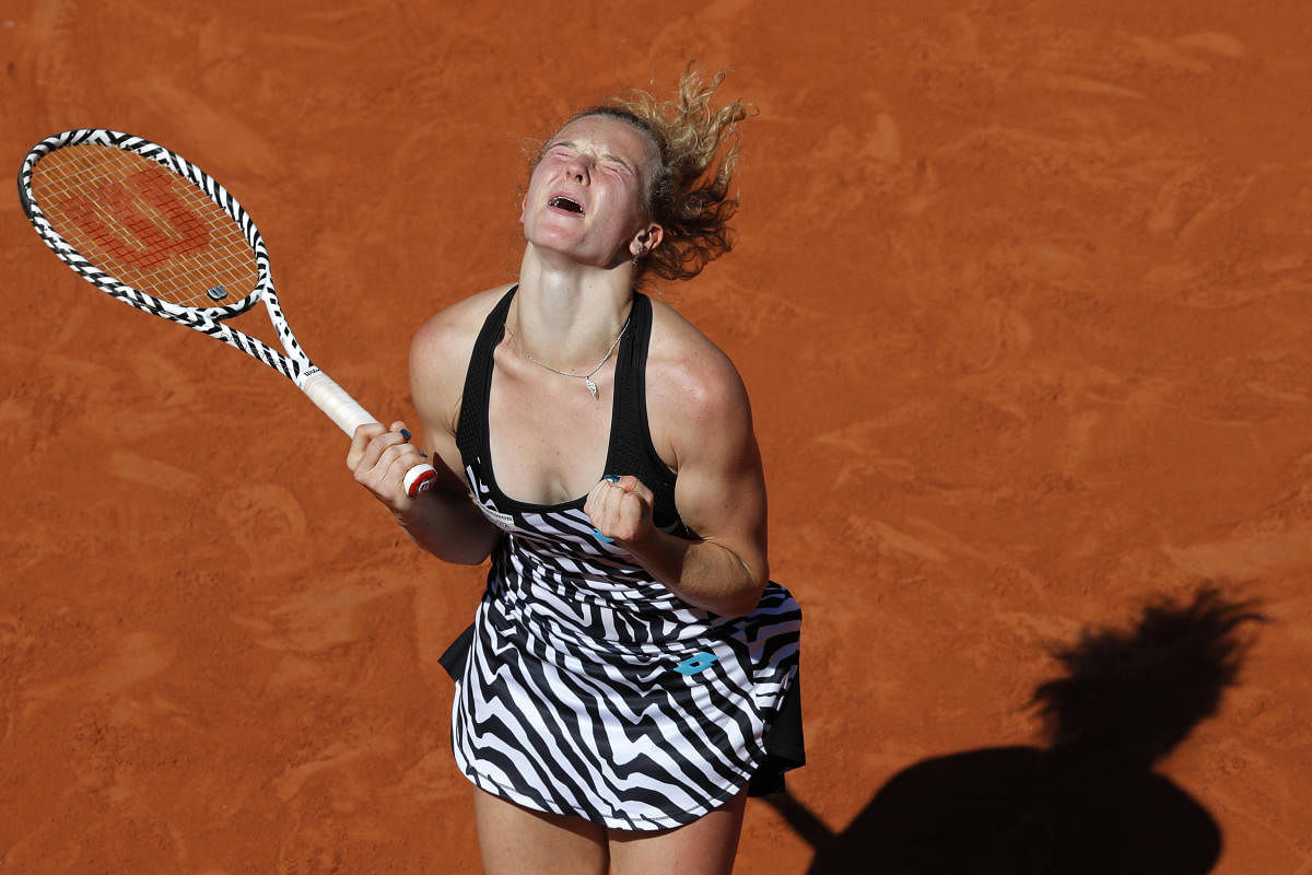 UNBELIEVABLE: Katerina Siniakova of the Czech Republic celebrates after beating Japan’s Naomi Osaka. AP/PTI 