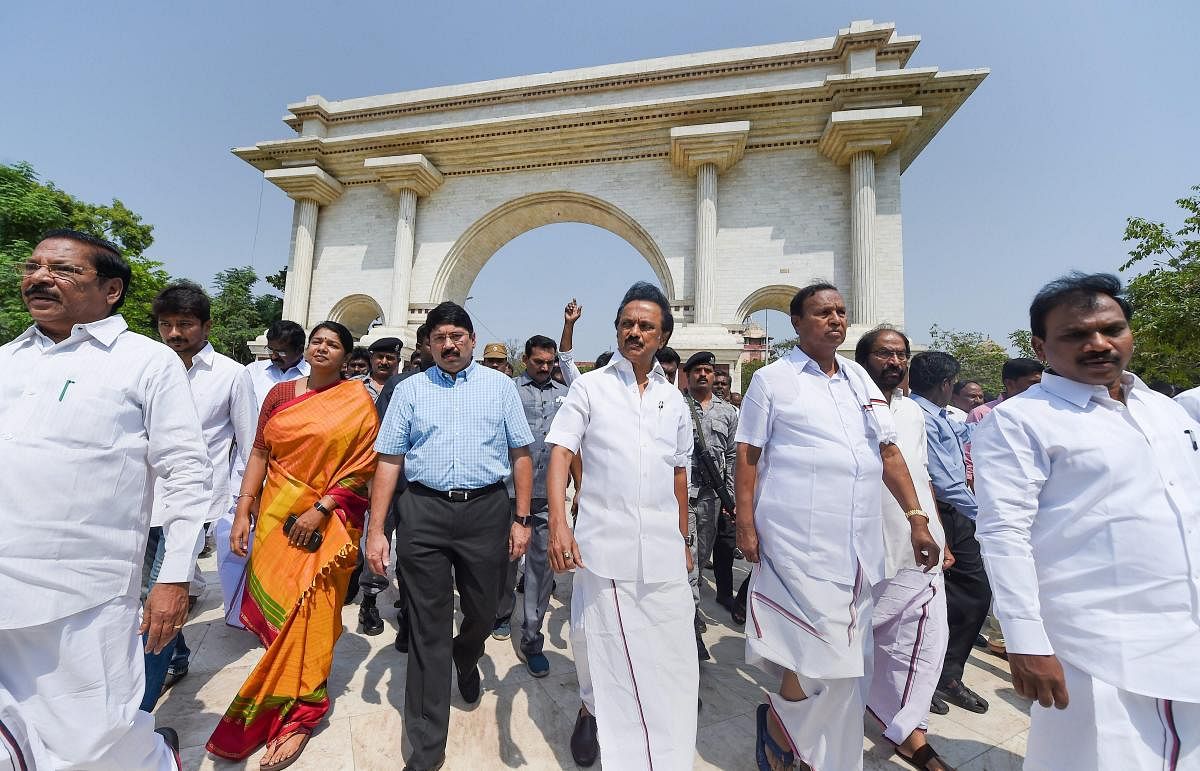 Chennai: DMK President MK Stalin with party's newly-elected MPs arrives to pay tribute to former party chief late M Karunanidhi at his memorial, in Chennai, Saturday, May 25, 2019. (PTI Photo/R Senthil Kumar) 