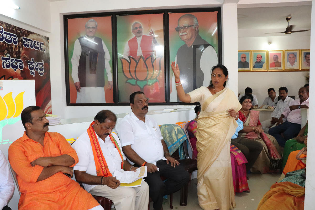Udupi-Chikamagalur MP Shobha Karandlaje speaks after receiving felicitation at Kaup BJP office.