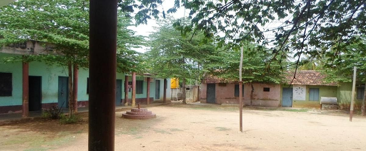 The Government Higher Primary School at Gejjegondanahalli wears a deserted look without children.