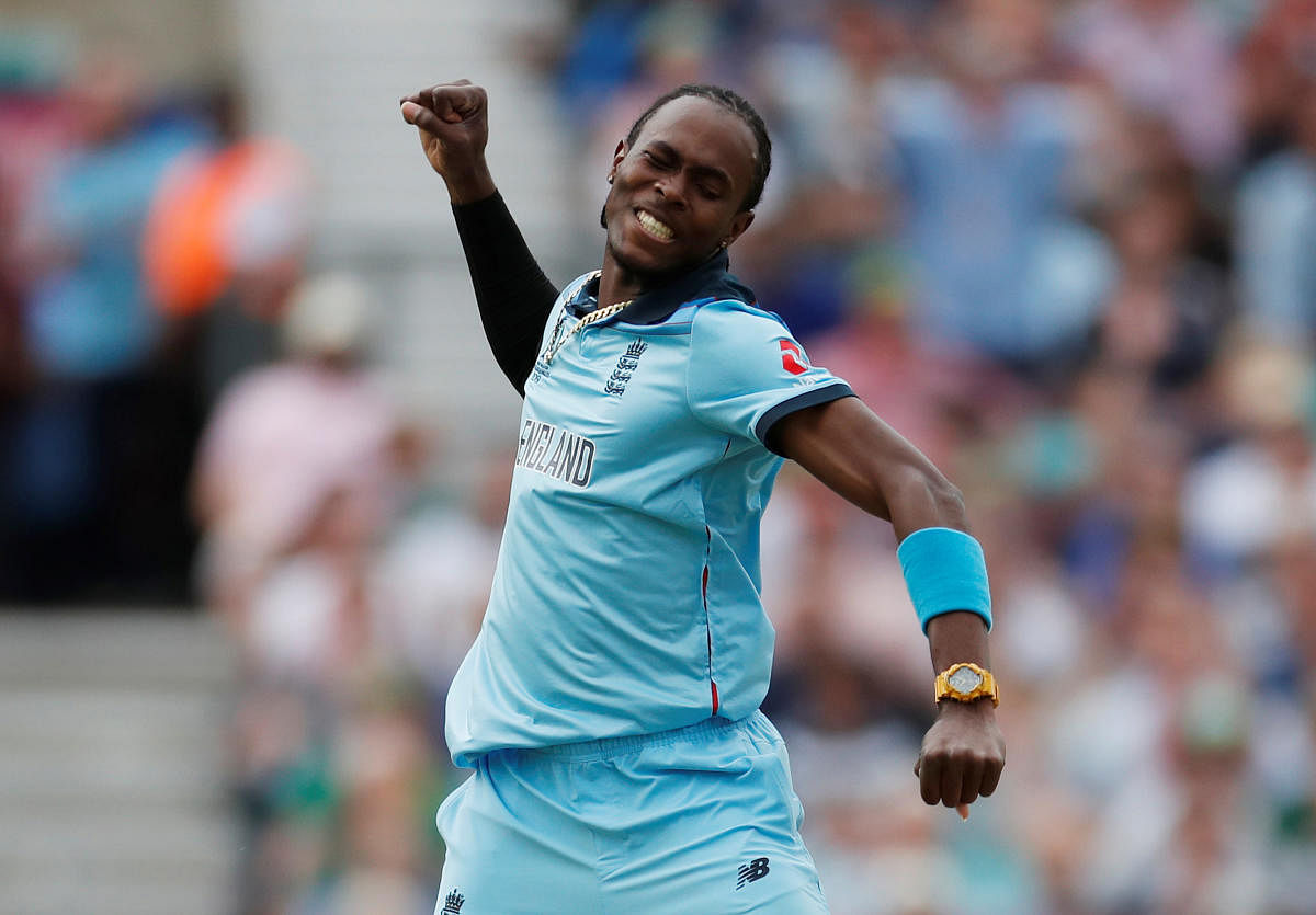England's Jofra Archer celebrates after dismissing South Africa's Rassie van der Dussen. Reuters