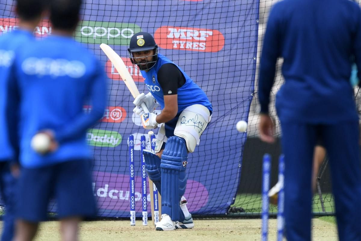 India's Rohit Sharma bats in the nets during a training session at the Rose Bowl in Southampton, southern England, on June 3, 2019 ahead of their 2019 Cricket World Cup match against South Africa. (AFP)