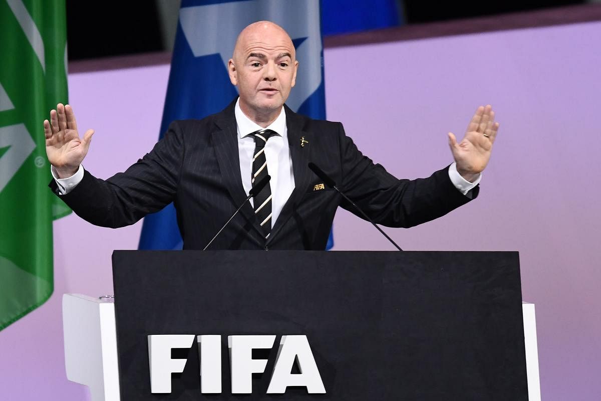 FIFA President Gianni Infantino addresses FIFA congress at Paris Expo on Wednesday. AFP