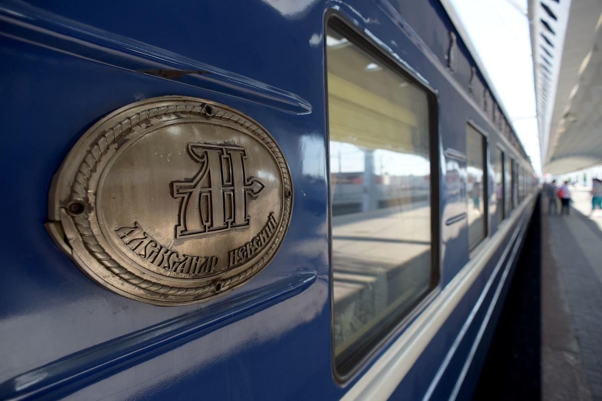 A close view of a car of the first tourist train passing through Russia's Arctic regions to Norway as it prepares to leave Saint Petersburg for an 11-day trip with 91 passengers on board, June 5, 2019. (AFP)