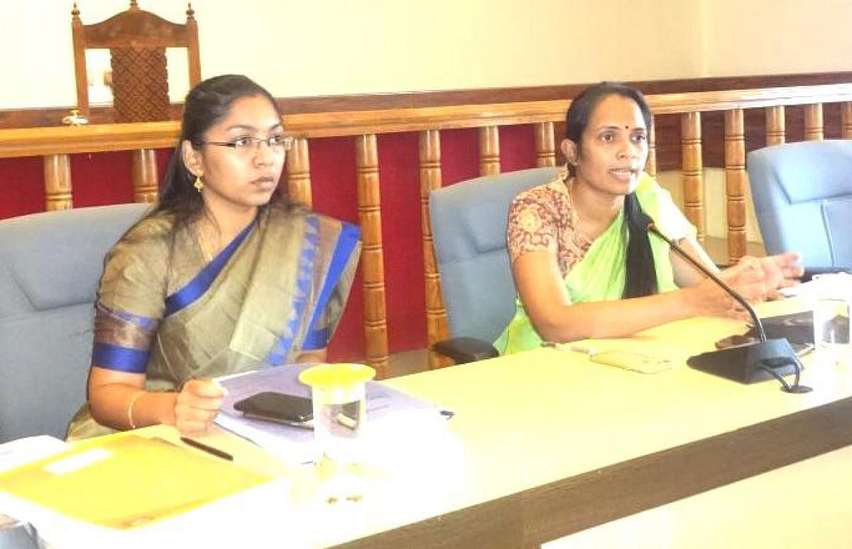 Deputy Commissioner Annies Kanmani Joy speaks during a meeting at her office in Madikeri on Thursday. Zilla Panchayat Chief Executive Officer K Lakshmipriya looks on.