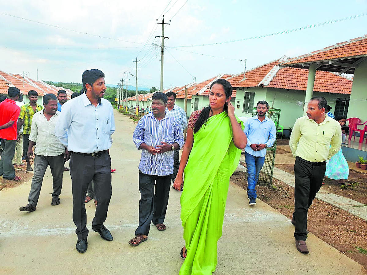 Deputy Commissioner Annies Kanmani Joy visits the rehabilitation site for Basavanahalli and Byadagotta evacuees in Kushalnagar on Thursday.