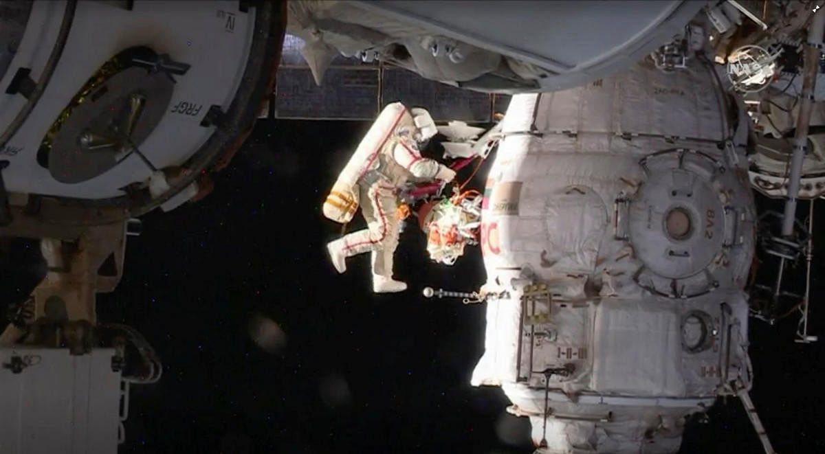 Russian cosmonaut Oleg Kononenko conducts a spacewalk outside the International Space Station Space (ISS) in this still image captured from NASA video in space, December 11, 2018. Courtesy NASA TV/Handout via REUTERS ATTENTION EDITORS - THIS IMAGE HAS BEE