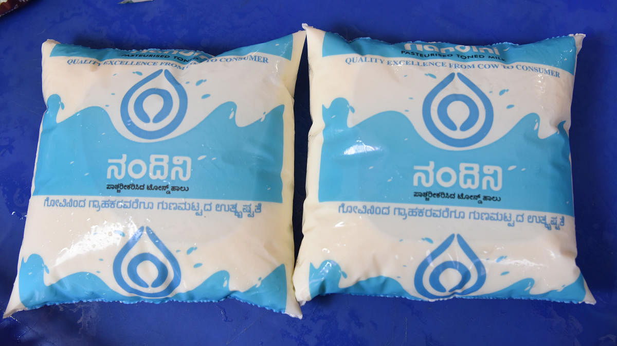 Nandini Milk in a shop at Hombegowda Nagar in Bengaluru on Monday. Photo by S K Dinesh