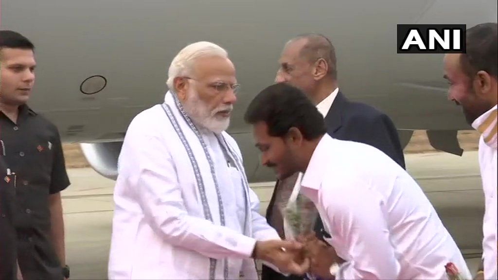Andhra Pradesh Governor E S L Narasimhan, Chief Minister YS Jaganmohan Reddy, Union Minister of State for Home G Kishan Reddy and others received the prime minister at the Tirupati airport at Renigunta after he landed from Colombo. (Image courtesy ANI/Twitter)