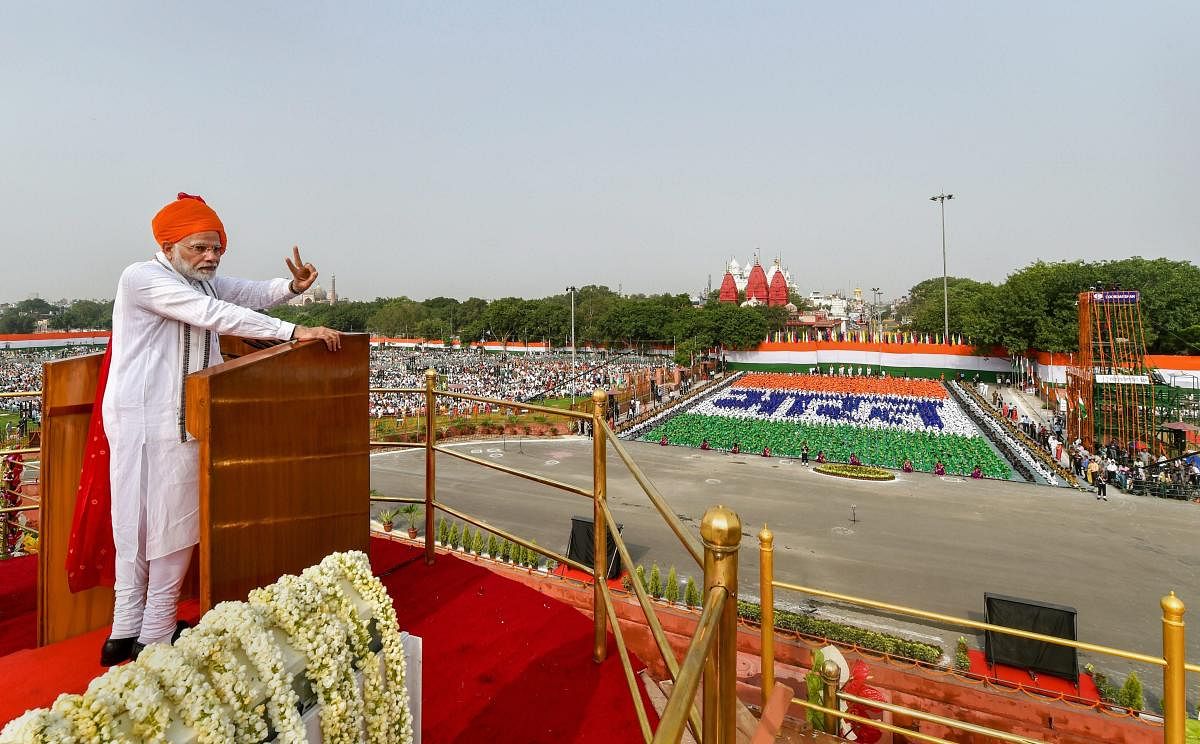 Prime Minister Narendra Modi addresses the nation from the ramparts of the historic Red Fort on the 72nd Independence Day, in New Delhi on Wednesday. PTI photo