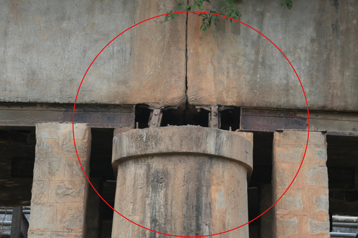 One of the damaged expansion joints of the pillar supporting the bridge across River Hemavathi on Bengaluru-Mangaluru national highway.