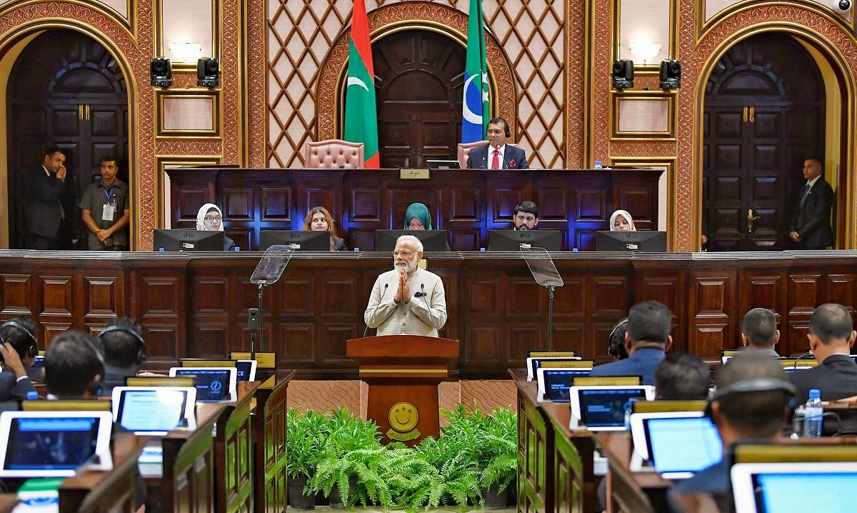 Male: Prime Minister Narendra Modi addresses the Majlis, the Parliament of Maldives at Male, in Maldives, Saturday, June 8, 2019. (PIB/PTI Photo) (PTI6_8_2019_000179A)