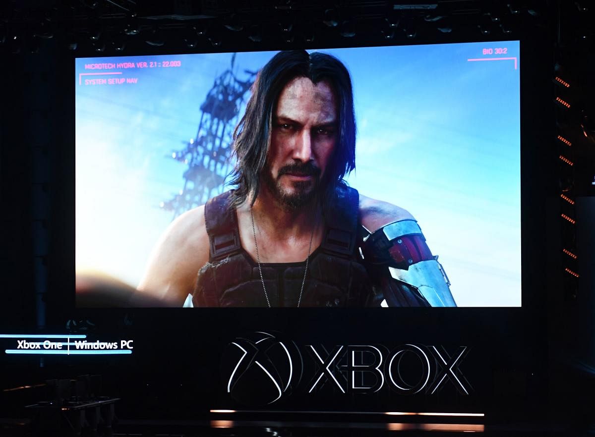Canadian-US actor Keanu Reeves announces the new video game "Cyberpunk 2077" at the Microsoft Xbox press event ahead of the E3 gaming convention in Los Angeles. (AFP Photo)