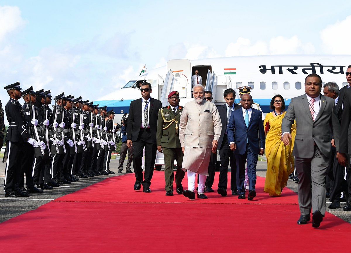 Modi was received at Male airport by Foreign Minister Abdulla Shahid. (Image courtesy Twitter/@narendramodi)