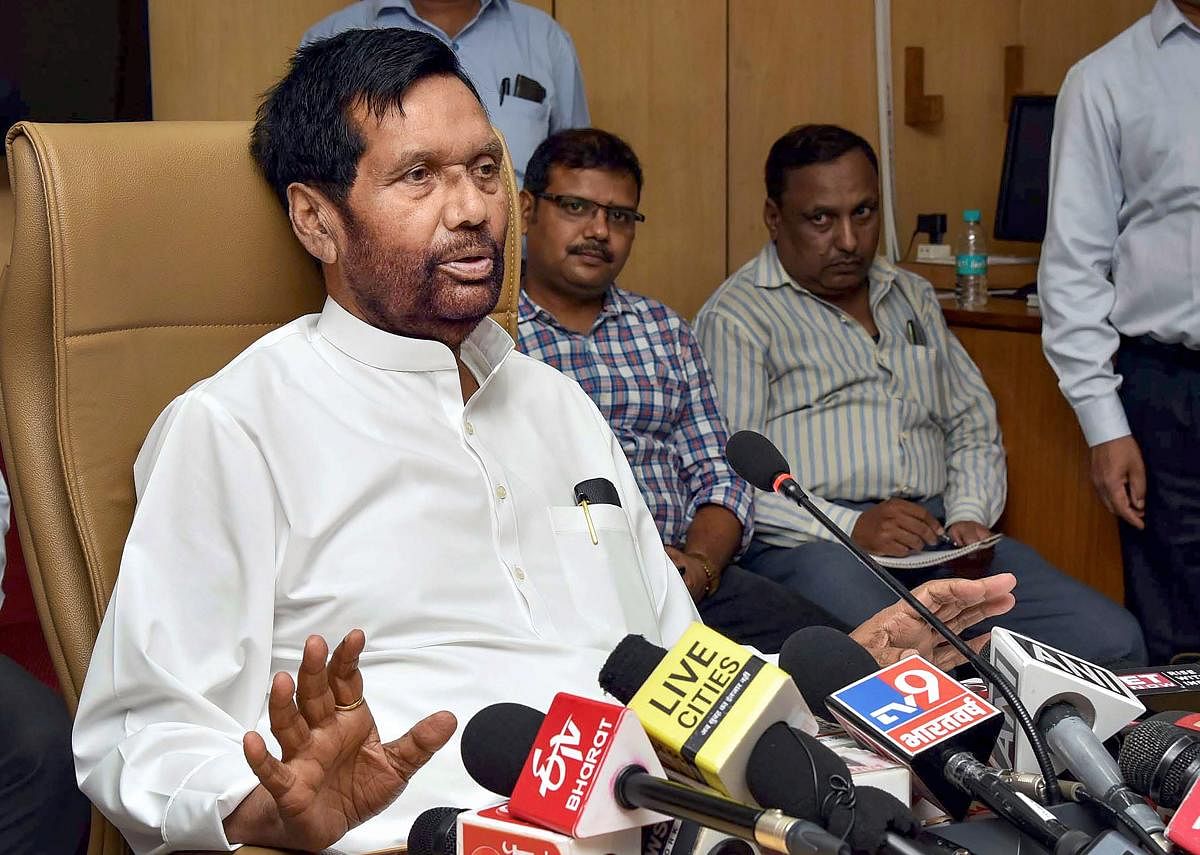 Union Minister for Consumer Affairs, Food and Public Distribution Ram Vilas Paswan addresses a press conference on the future roadmap for the Food Corporation of India in New Delh. PTI photo