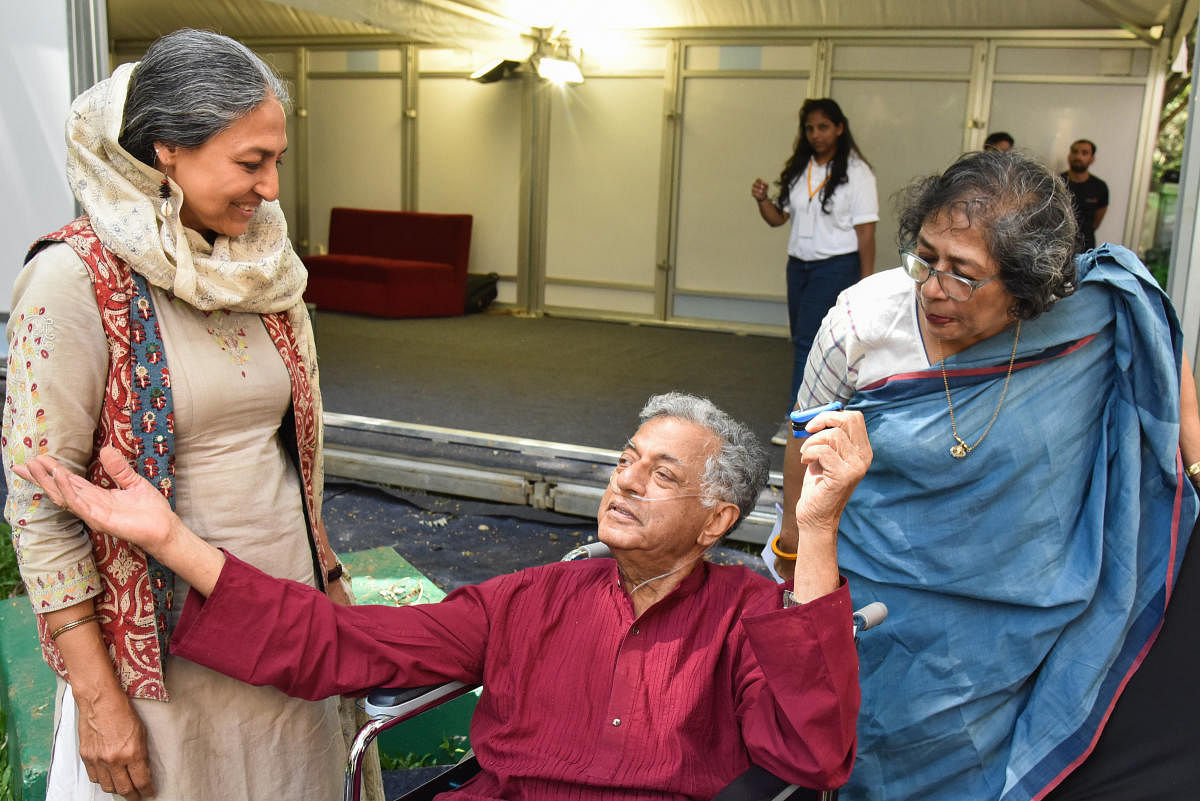 File photo: Padmavathi Rao (L), Girish Karnad, Arundhati Nag (R), at a recent edition of the Bangalore Literature Festival (BLF) at The Lalith Ashok in Bengaluru. Photo by S K Dinesh