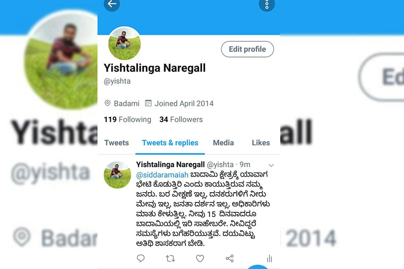 Tweet by Ishatalinga Naregal, a resident of Badami.