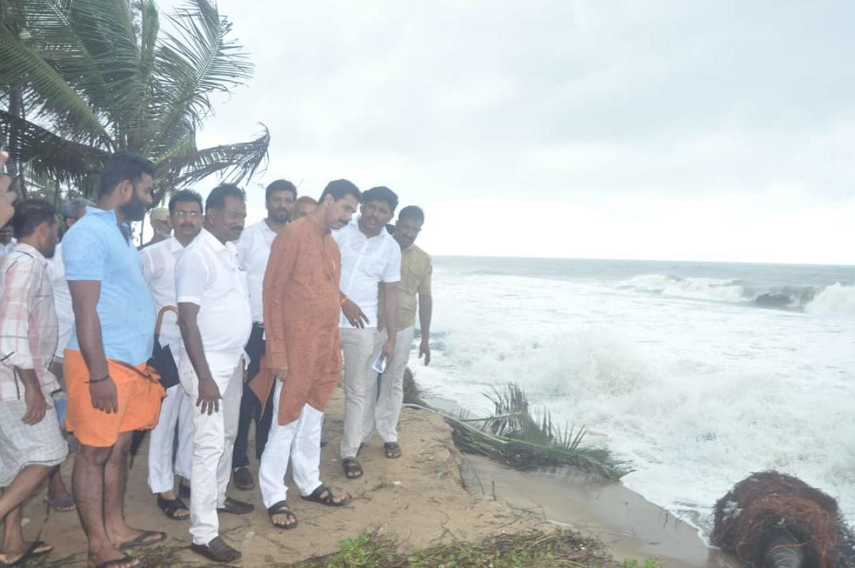 Dakshina Kannada MP Nalin Kumar Kateel visited the sea erosion-affected Someshwara-Ucchila on Thursday.