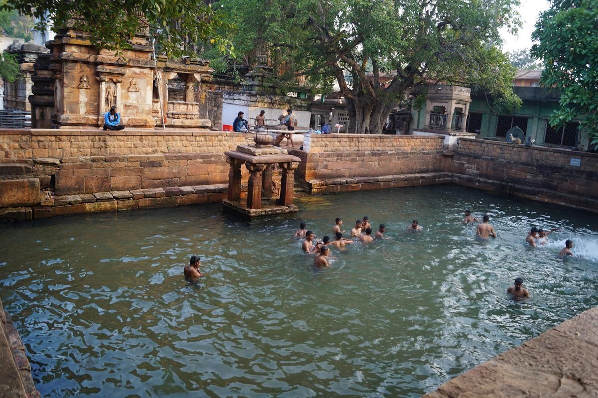 lifeline: The temple pond at Mahakoota in Badami taluk has not dried up even though the region is facing severe drought; (below) a natural spring.