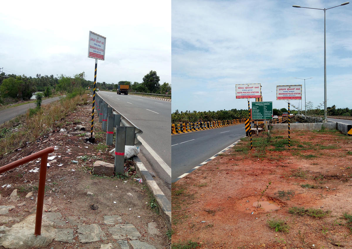 The sideways cleaned of litter greet those crossing Mabukala bridge on NH 66 in Sasthan.