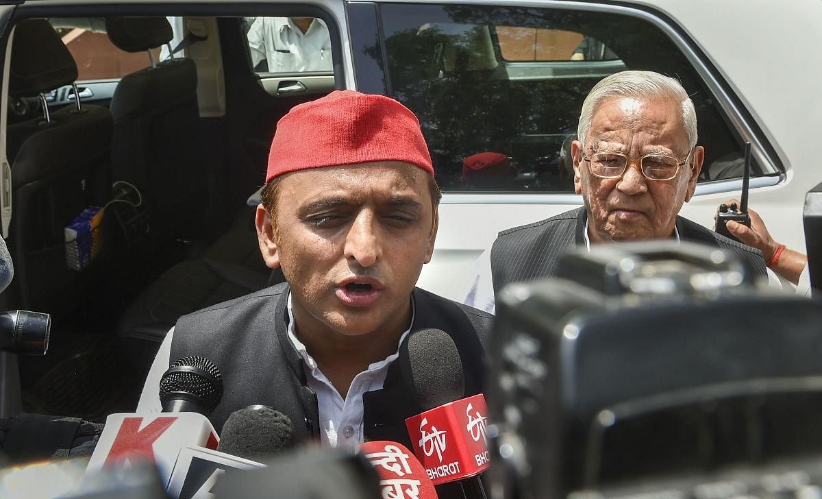 Former Uttar Pradesh chief minister and Samajwadi party president Akhilesh Yadav addresses media personnel in front of Raj Bhawan, after meeting Governor Ram Naik, in Lucknow, Saturday, June 15, 2019. (PTI Photo)