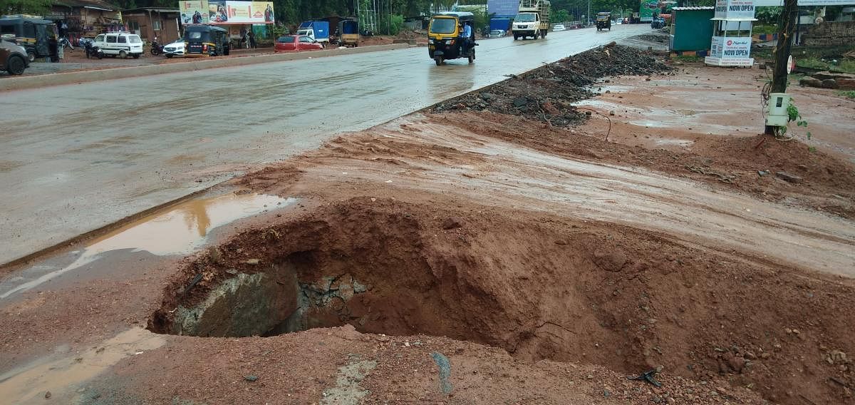 Soil has caved in along a drain near a petrol pump at Indrali in Udupi.