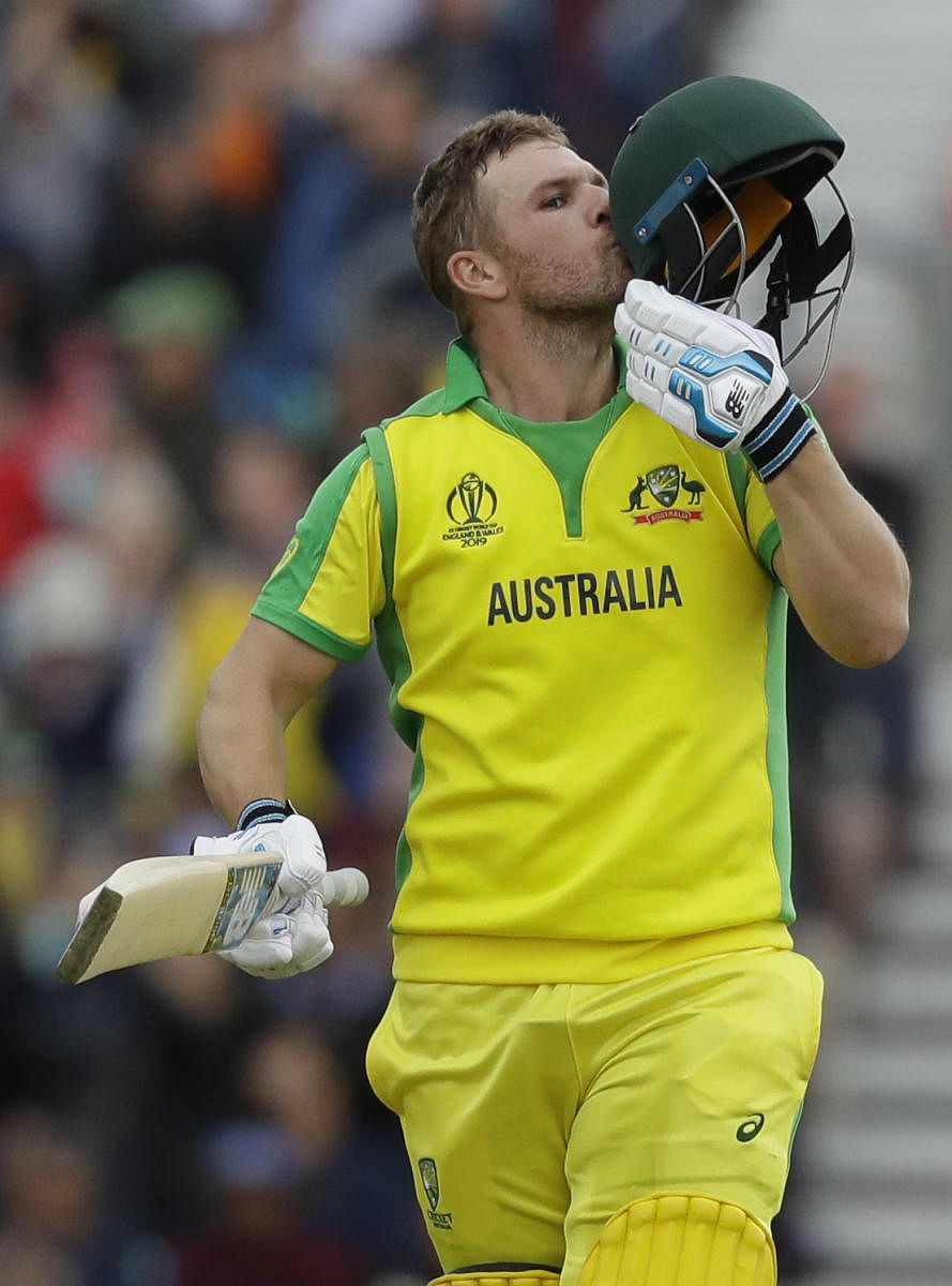 LONDON: Australia's captain Aaron Finch celebrates coring a century during the World Cup cricket match between Sri Lanka and Australia at The Oval in London, Saturday, June 15, 2019. AP/PTI(AP6_15_2019_000096B)