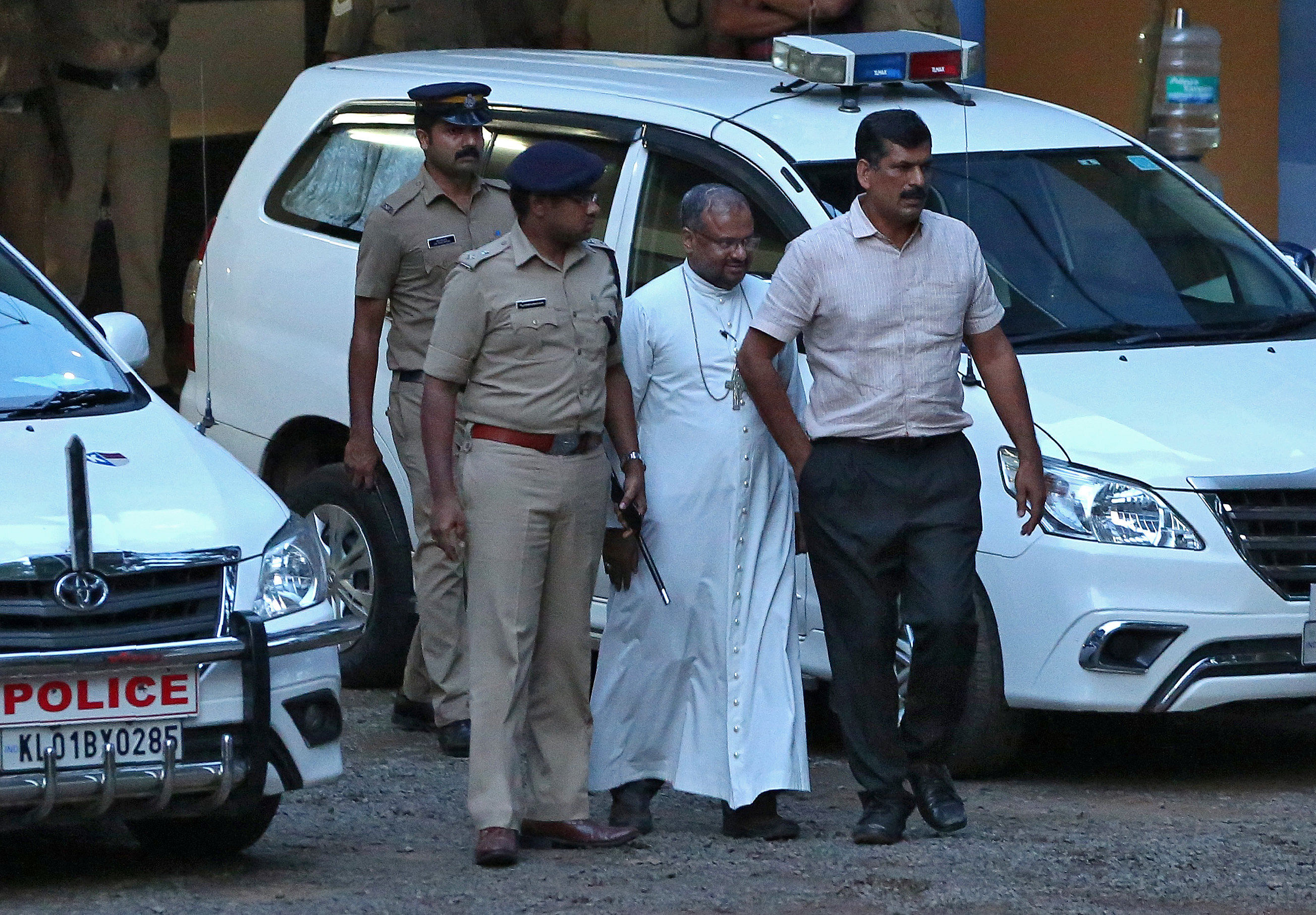 Bishop Franco Mulakkal (2nd R), accused of raping a nun, is pictured outside a crime branch office on the outskirts of Kochi. (Reuters File Photo)