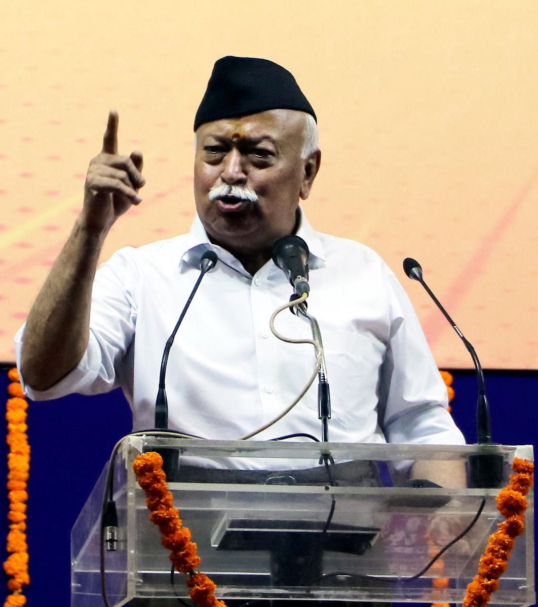 RSS chief Mohan Bhagwat speaks during the closing ceremony of ‘Tritiya Varsha Sangh Shiksha Varg’, an (RSS) event to mark the conclusion of a three-year training camp for Swayamsevaks, in Nagpur, Sunday, June 16, 2019. (PTI Photo)