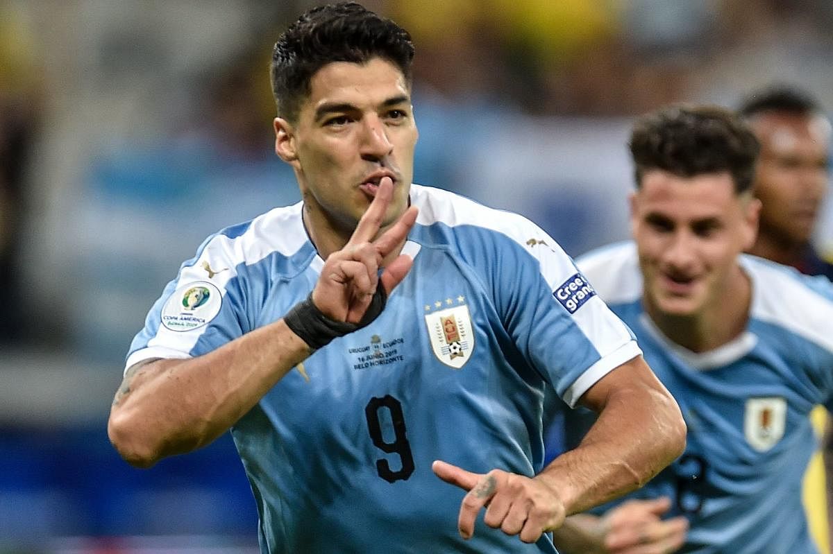 Uruguay's Luis Suarez celebrates after scoring against Ecuador during their Copa America football tournament group match at the Mineirao Stadium in Belo Horizonte, Brazil, on June 16, 2019. (AFP)