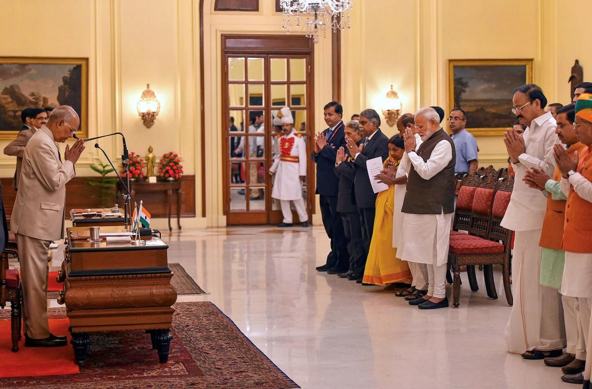 President Ram Nath Kovind is greeted by the dignitaries during a swearing-in ceremony of BJP MP Virendra Kumar as protem Speaker of the 17th Lok Sabha, at Rashtrapati Bhawan, in New Delhi, Monday, June 17, 2019. (PTI photo)