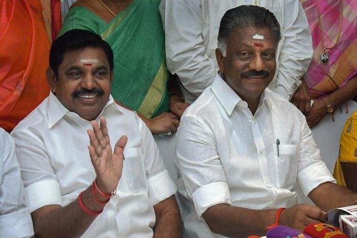  Tamil Nadu Chief Minister Edappadi K Palaniswami and his deputy O Panneerselvam release a list of constituencies allotted to the allies in presence of coalition leaders, in Chennai, Sunday, March 17, 2019. (PTI Photo)