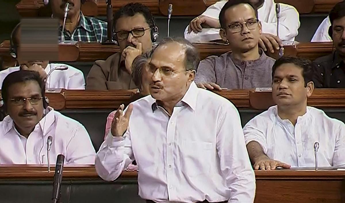 Congress MP from West Bengal Adhir Ranjan Chowdhury speaks during the Motions for the 17th Lok Sabha Speaker's election, at Parliament in New Delhi. PTI