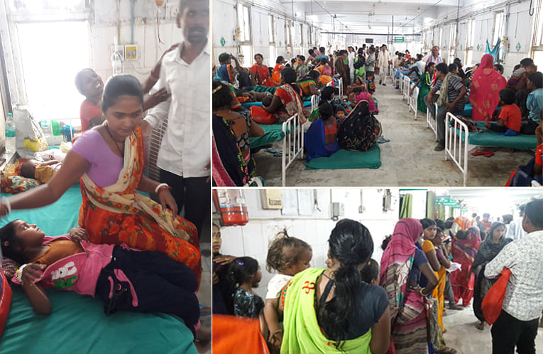 Renu Kumari, with her daughter Varsha, at SKMCH, shares her bed with other patients too (L), SKMCH is flooded with kids afflicted with suspected AES (Right top) and mothers make a serpentine queue to get their kids admitted in the Muzaffarpur hospital. (Right down). DH photos by Abhay Kumar