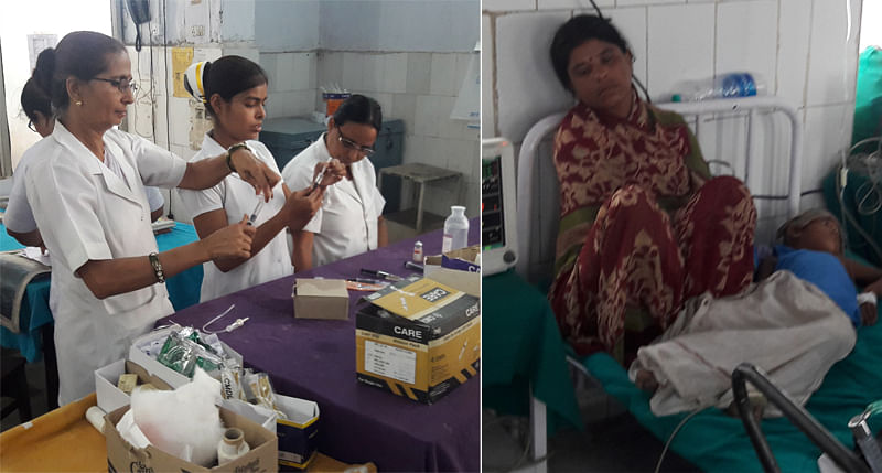 With the arrival of additional doctors from Patna and Darbhanga in SKMCH, nurses remain busy round-the-clock taking care of the children (L) and With no rain in sight, the hospital has installed air-conditioners and air-coolers in the wards where kids, suspected to be afflicted with AES, have been admitted (R). DH photos by Abhay Kumar