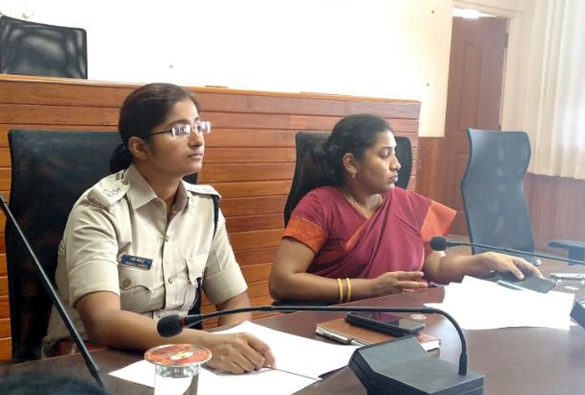 Deputy Commissioner Hephsiba Rani Korlapati and SP Nisha James at a meeting in Udupi.