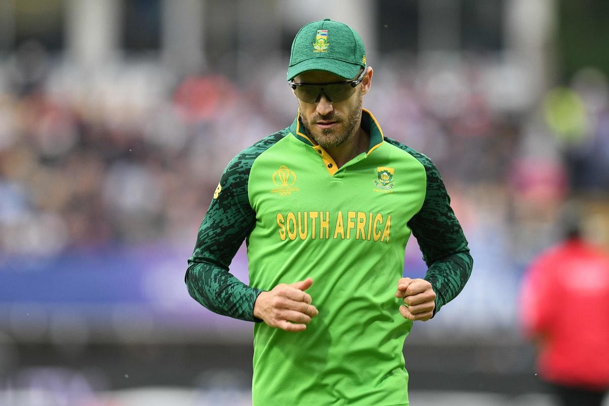 South Africa's captain Faf du Plessis plays during the 2019 Cricket World Cup group stage match between New Zealand and South Africa at Edgbaston in Birmingham, central England, on June 19, 2019. (AFP)