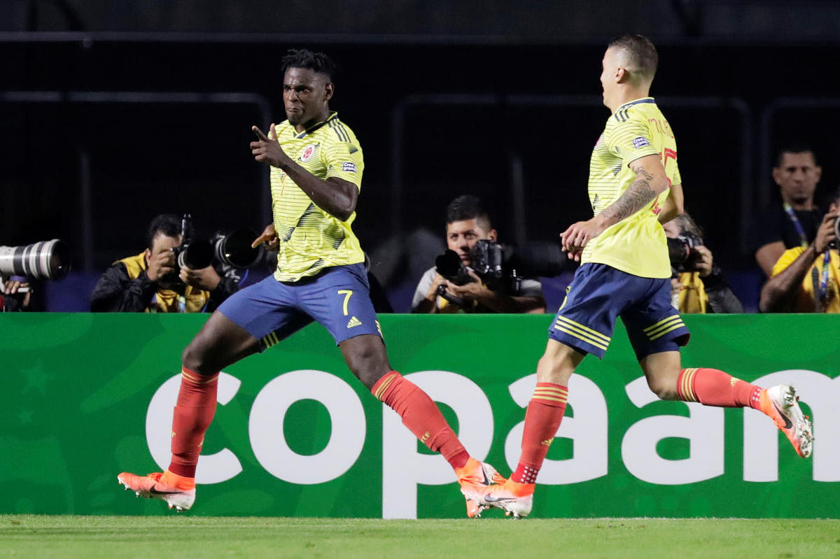Colombia's Duvan Zapata celebrates scoring their first goal. (REUTERS)