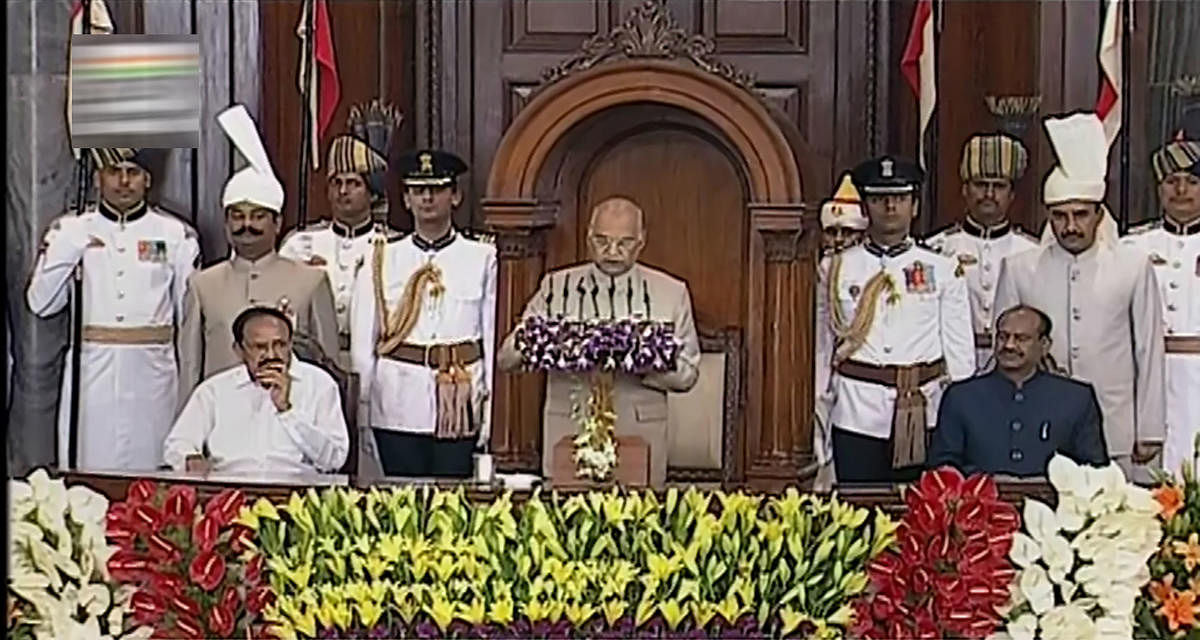 New Delhi: President Ram Nath Kovind addresses a joint session of Parliament in the presence of Vice President Venkaiah Naidu and Lok Sabha Speaker Om Birla, in New Delhi. (PTI Photo)