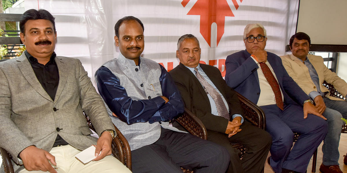 NARECO Mysore Convenor Divyesh N, NAREDCO member Vinay Shankar, Trendz Housing MD Subramanyam, MAREDCO member Dhirendra Kumar Mehta and NAREDCO Chairmen Adisheshan Gowda at the seminar on 'Post RERA Development', organised by National Real Estate Developm