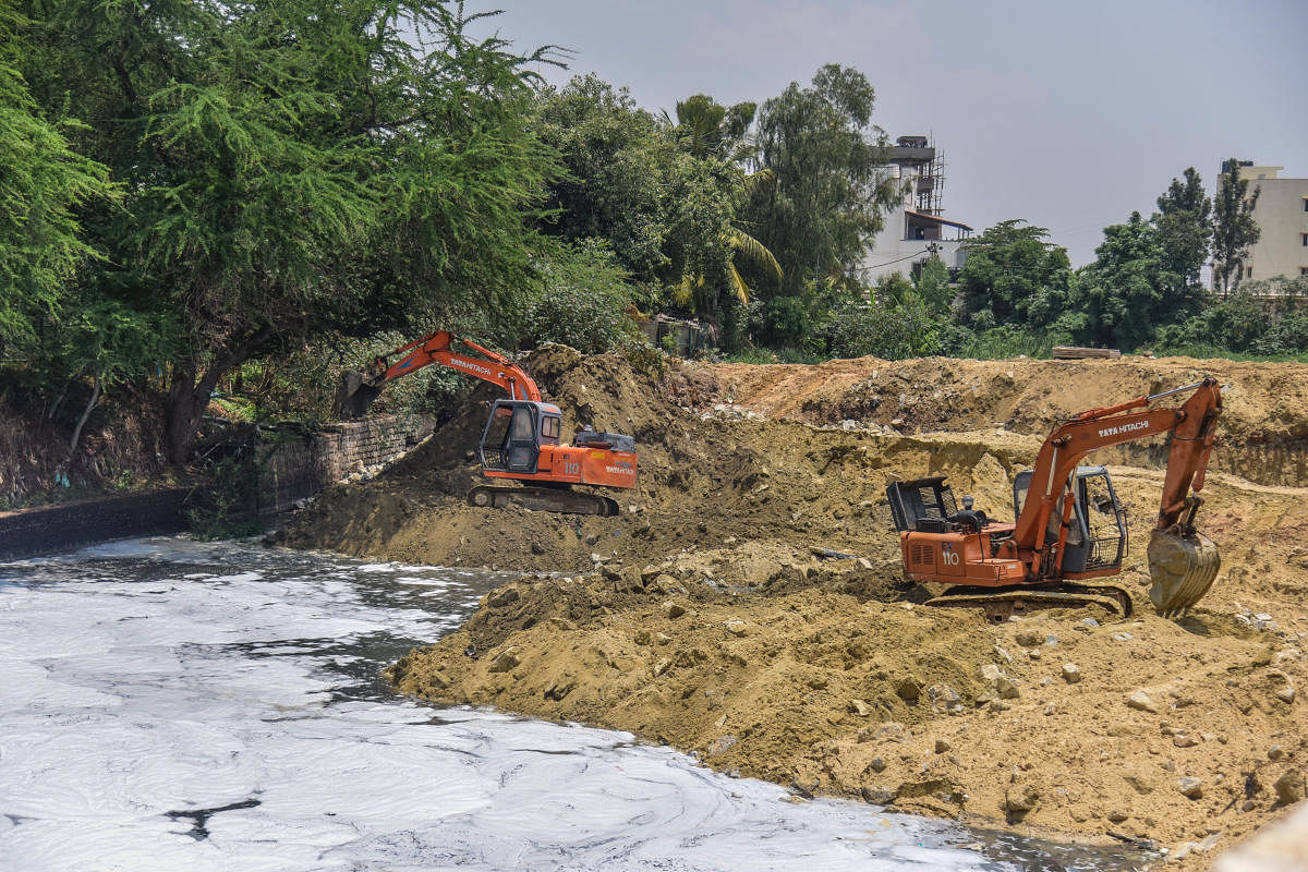 Authorities expect to exhume 6.60 million cubic metres of silt from Bellandur Lake. The silt could be used in 15,000 acres of farmland. DH PHOTO