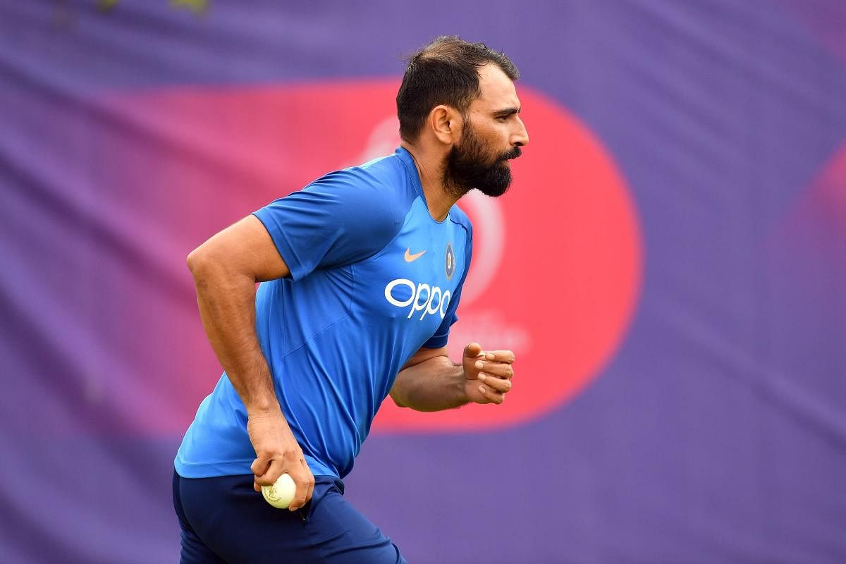 India's paceman Mohammed Shami bowls during a training session at the Hampshire Bowl in Southampton on June 20, 2019, ahead of their 2019 World Cup cricket match against Afghanistan. (AFP Photo)