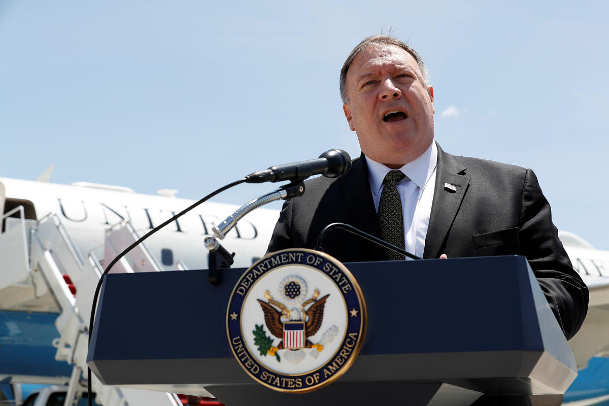 U.S. Secretary of State Mike Pompeo speaks to the media at Joint Base Andrews, Maryland, U.S. June 23, 2019, before boarding a plane headed to Jeddah, Saudi Arabia. Jacquelyn Martin/Pool via REUTERS