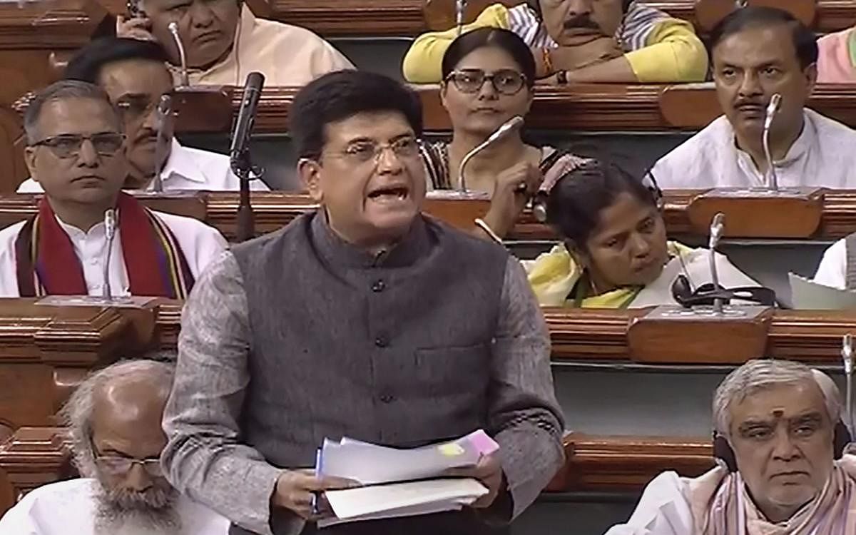 New Delhi: Union Railway Minister Piyush Goyal speaks in the Lok Sabha during the Budget Session of Parliament, in New Delhi, Monday, June 24, 2019. (PTI Photo)