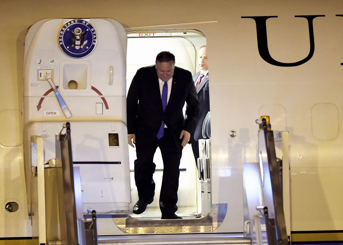 New Delhi: US Secretary of State Mike Pompeo arrives at AFS Palam, in New Delhi, Tuesday, June 25, 2019. (PTI Photo/Kamal Singh) (PTI6_25_2019_000209B)