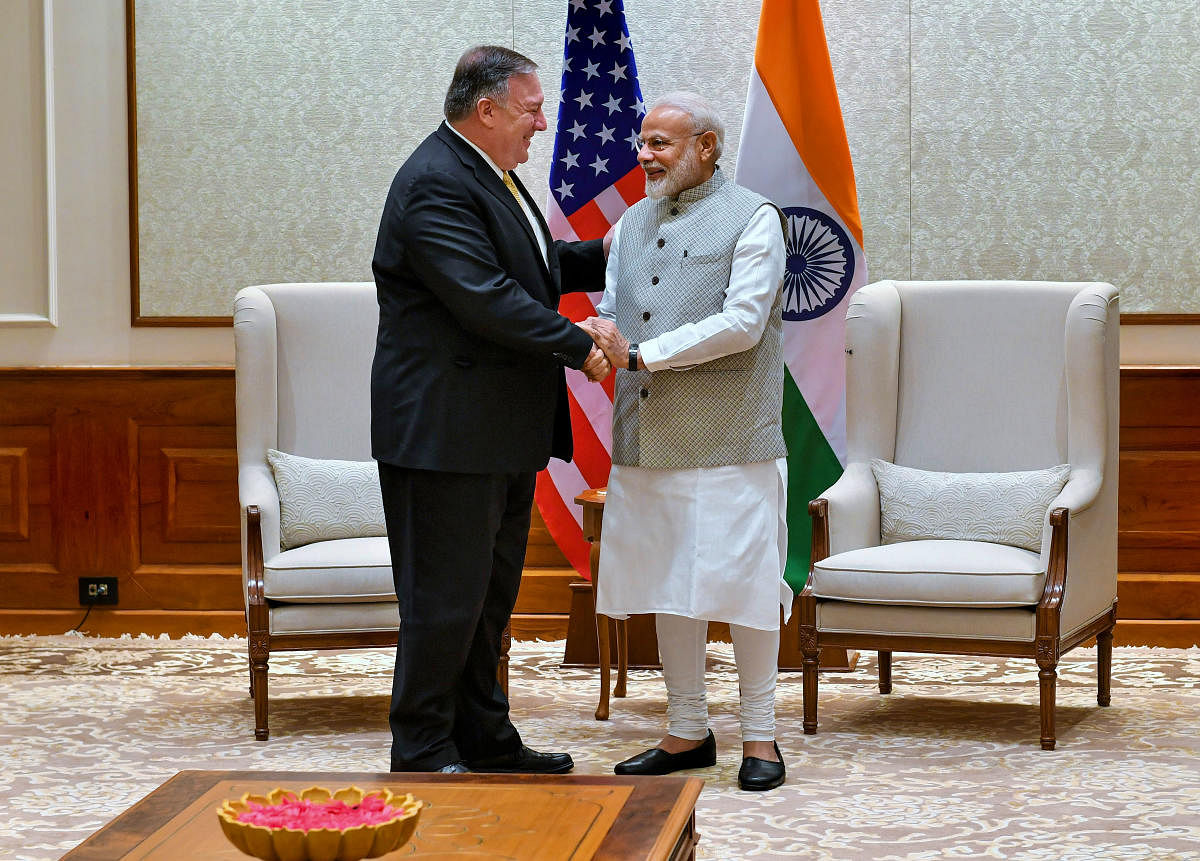 Prime Minister Narendra Modi shakes hands with US Secretary of State Mike Pompeo during a meeting, in New Delhi, Wednesday, June 26, 2019. (PTI Photo)