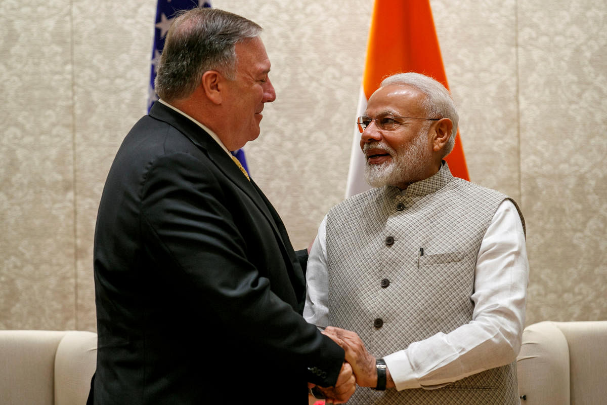 U.S. Secretary of State Mike Pompeo, left, shakes hands with Indian Prime Minister Narendra Modi, during their meeting at the Prime Minister's Residence, Wednesday, June 26, 2019, in New Delhi, India. Jacquelyn Martin/Pool via REUTERS